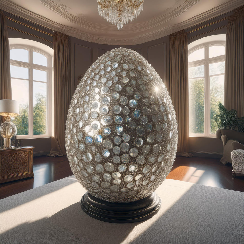 A large decorative egg-shaped sculpture covered in reflective circular crystal-like tiles, displayed on a dark round pedestal in a luxurious sunlit room with tall windows and curtains.