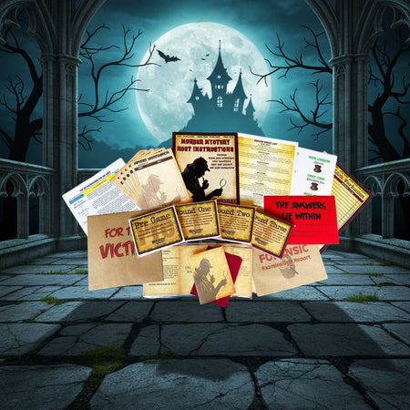 A collage of printed occult and horror-themed cards, pamphlets, and booklets fanned out in the center, with a spooky night scene background featuring a full moon, bare trees, bats, and a church.