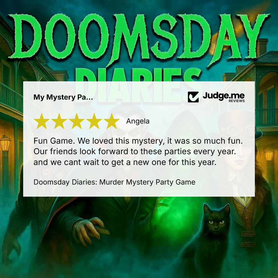 Promotional graphic for 'Doomsday Diaries: Murder Mystery Party Game' featuring a white review card with a 5-star rating and a Judge.me review by Angela, set against a dark green illustrated background with a black cat.