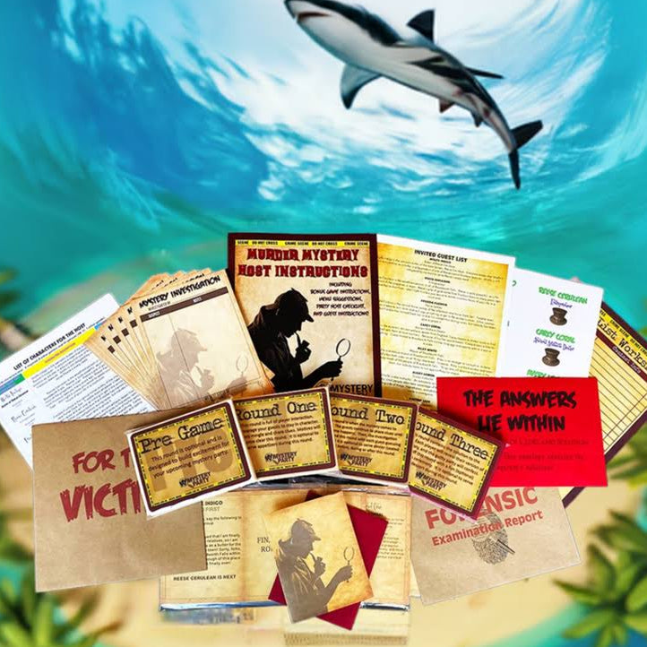 A collage of vintage-style documents, posters, and cards arranged on a sandy beach, with a shark swimming above in blue ocean water and palm trees around the edges. Visible text includes 'FOR VICTORIA EXPEDITIOUS REPORT,' 'JERSEY ATTYOR DEPUTY INSTRUCTIONS,' and 'THE ANSWERS ARE WITHIN.