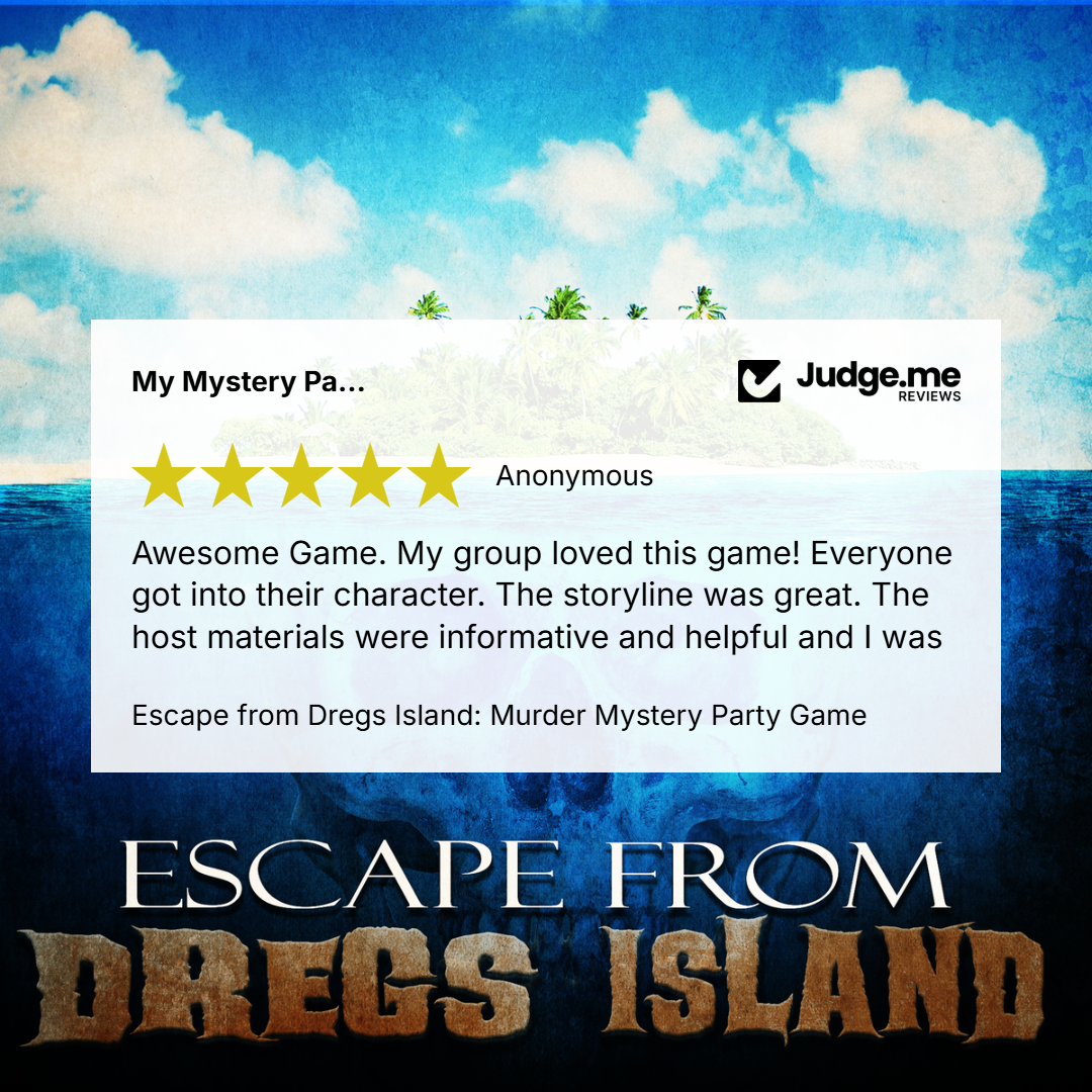Promotional graphic for the game 'Escape from Dregis Island: Murder Mystery Party Game' featuring a review from an anonymous player on a white card overlay, set against a tropical island scene with blue sky and ocean.