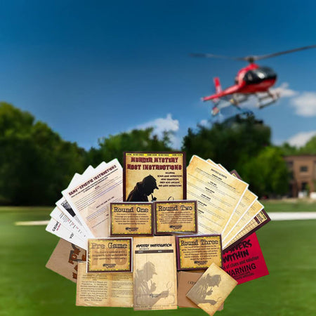 A set of vintage-style mystery game cards and instruction sheets arranged in a fan shape in the foreground, with a blurred outdoor scene of a red helicopter over trees and grass in the background.