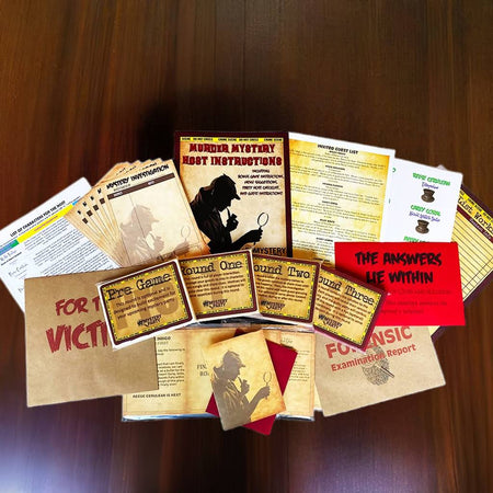 A tabletop flat-lay of a mystery game set with multiple printed cards, instruction sheets, a brown kraft box, and a red card on a dark wood surface. Visible text includes 'MURDER MYSTERY HOST INSTRUCTIONS,' 'FOR THE VICTIM,' 'The Answers Lie Within,' and 'Forensic Examination Report.