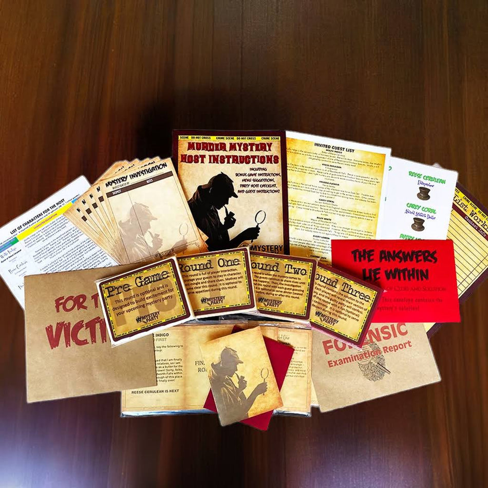 A tabletop flat-lay of a mystery game set with multiple printed cards, instruction sheets, a brown kraft box, and a red card on a dark wood surface. Visible text includes 'MURDER MYSTERY HOST INSTRUCTIONS,' 'FOR THE VICTIM,' 'The Answers Lie Within,' and 'Forensic Examination Report.