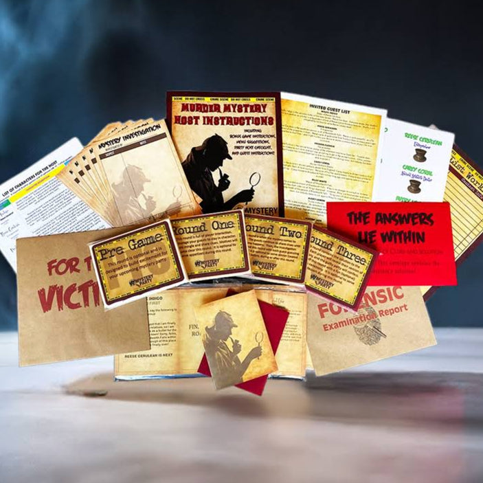 A cluster of printed evidence and report cards fanned out in the center against a dark smoky background. The cards and papers are in tan, red, yellow, and white tones, with visible text including 'HARROGON ARMY ATTORNEY DEPARTMENT', 'FOR VICTIM', and 'THE ANSWERS ARE WITHIN'.