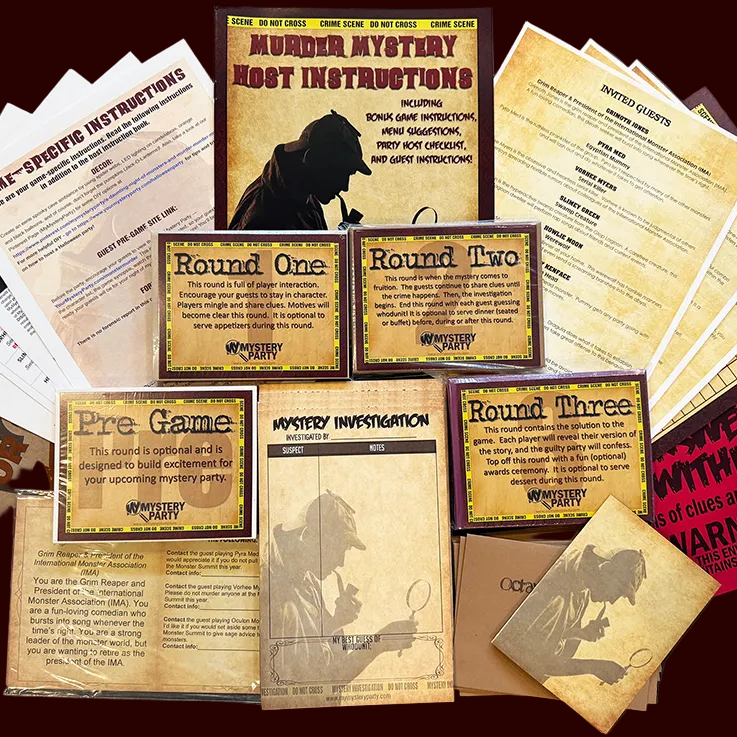 A tabletop flat lay of a Murder Mystery board game set with multiple printed instruction sheets, cards, and a small box arranged on a dark wood surface. Visible text includes 'MURDER MYSTERY ROOT INSTRUCTIONS,' 'Round One,' 'Round Two,' 'Round Three,' 'Pre Game,' and 'WARNING.