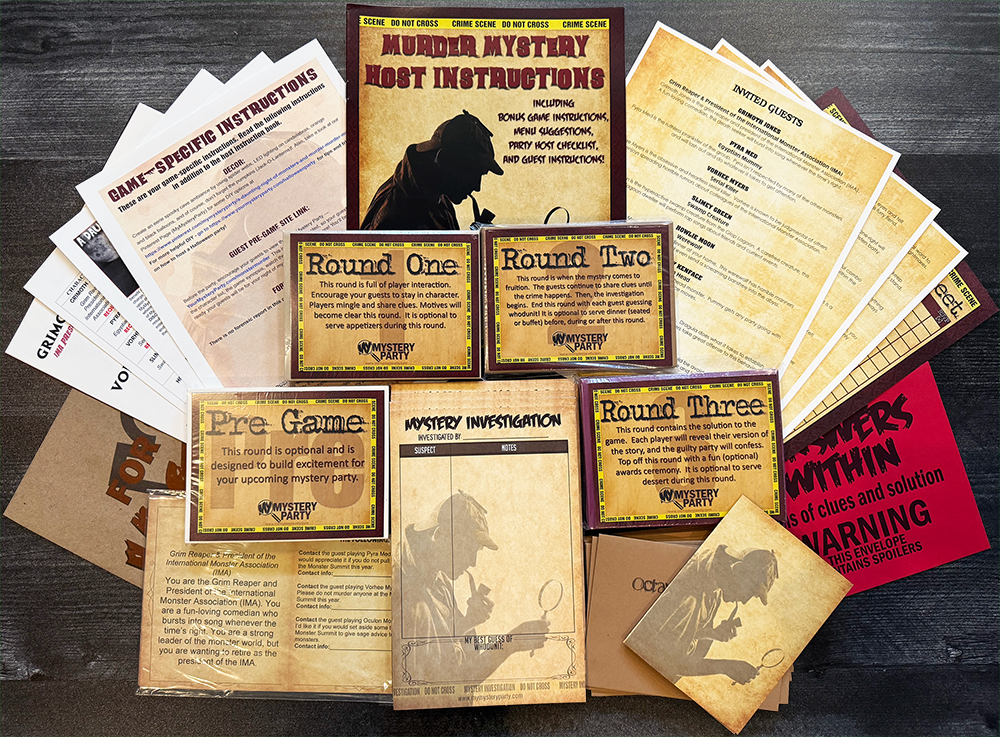 A tabletop flat lay of a Murder Mystery board game set with multiple printed instruction sheets, cards, and a small box arranged on a dark wood surface. Visible text includes 'MURDER MYSTERY ROOT INSTRUCTIONS,' 'Round One,' 'Round Two,' 'Round Three,' 'Pre Game,' and 'WARNING.