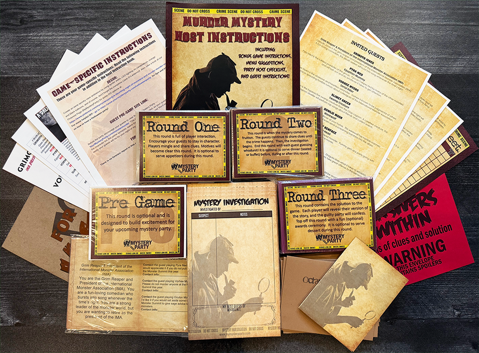 A tabletop flat lay of a Murder Mystery board game set with multiple printed instruction sheets, cards, and a small box arranged on a dark wood surface. Visible text includes 'MURDER MYSTERY ROOT INSTRUCTIONS,' 'Round One,' 'Round Two,' 'Round Three,' 'Pre Game,' and 'WARNING.