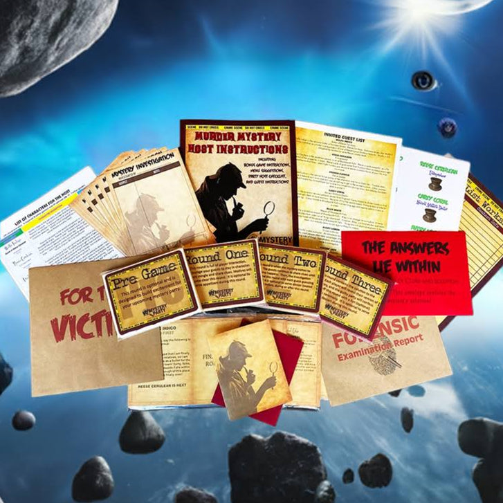 A collage of printed cards, flyers, and booklet pages arranged in a floating cluster against a space-themed background with asteroids and Earth. The printed materials feature retro sci-fi styling with tan, red, yellow, and black text and imagery, including phrases like 'FOR A VICTIM' and 'FOCUS!'.