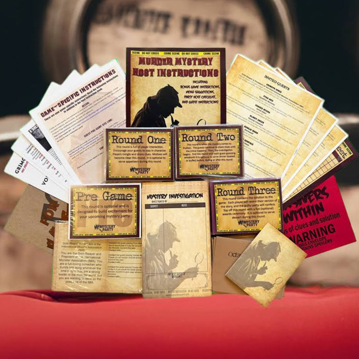 A set of 1920s mystery murder mystery board game components, including instruction sheets, character cards, and warning cards, arranged on a red surface with wooden barrels in the blurred background.