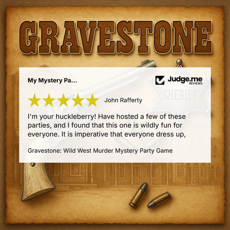 Promotional graphic for the 'Gravestone: Wild West Murder Mystery Party Game' featuring a rustic brown parchment-style border. The center displays a white review card with a 5-star rating from 'Judge.