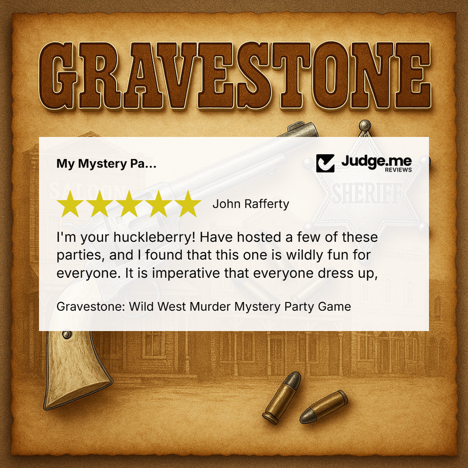 Promotional graphic for the 'Gravestone: Wild West Murder Mystery Party Game' featuring a rustic brown parchment-style border. The center displays a white review card with a 5-star rating from 'Judge.