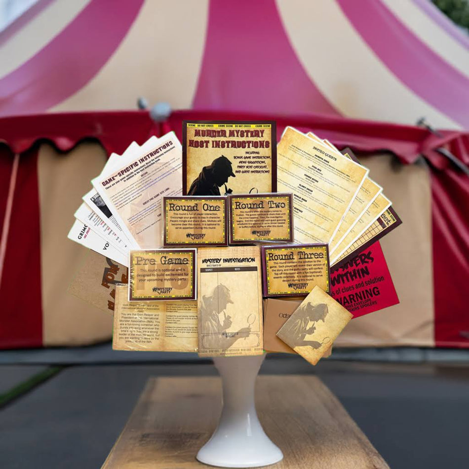 A mockup of a murder mystery board game set displayed on a white pedestal stand. The set includes vintage-style instruction cards fanned out behind central round game cards, all styled in front of a red and white striped tent background.