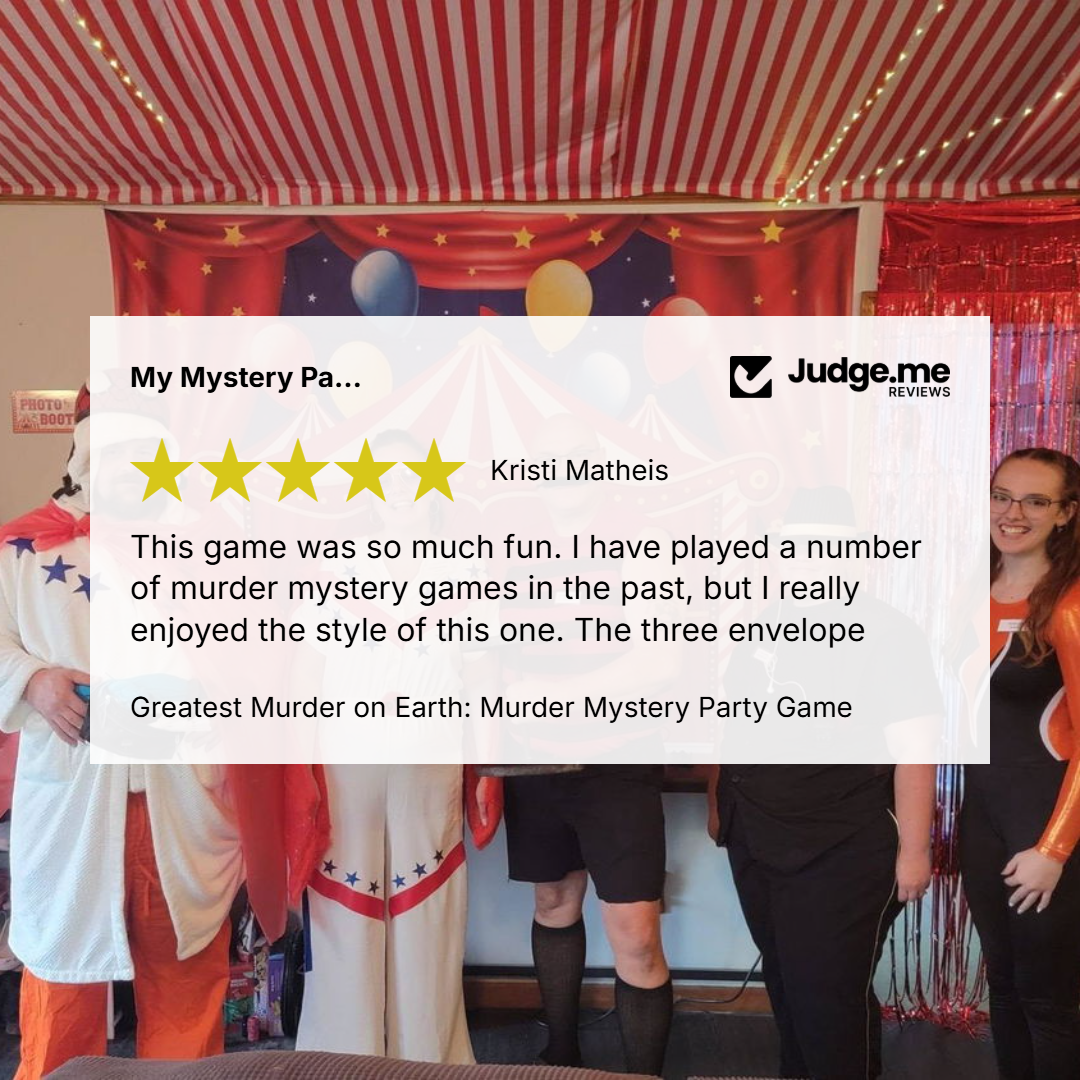 A review card for a Judge.me mystery party game is overlaid on a photo of a group of people in costume under a red-and-white striped circus-style tent ceiling.
