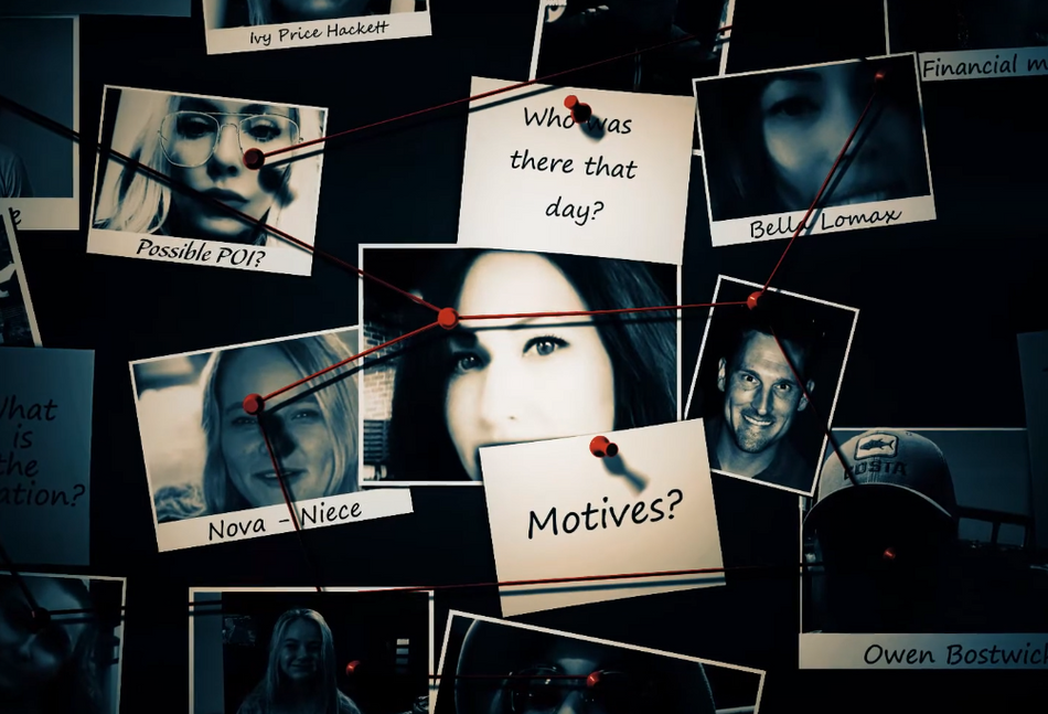 Evidence board for Professor Hackett Case. 