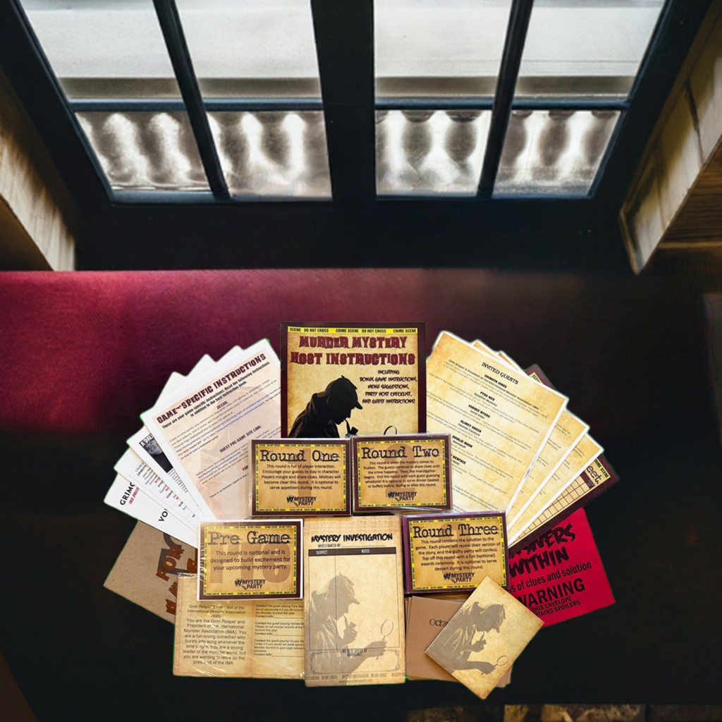 A tabletop display of a vintage-style mystery game set, including instruction cards, round cards, a red warning card, and a small map card, arranged on a dark wooden surface under a window.