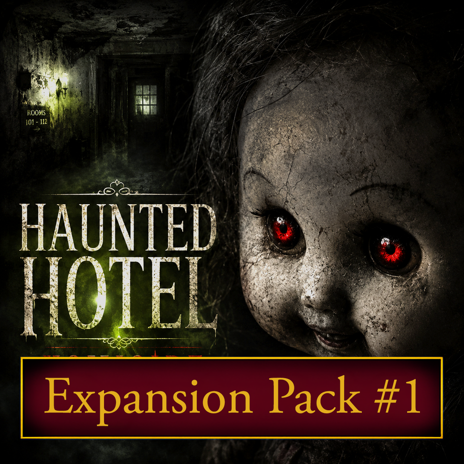Promotional cover art for 'Haunted Hotel Expansion Pack #1' featuring a creepy, weathered doll face with glowing red eyes on the right and a dark haunted hallway scene on the left.