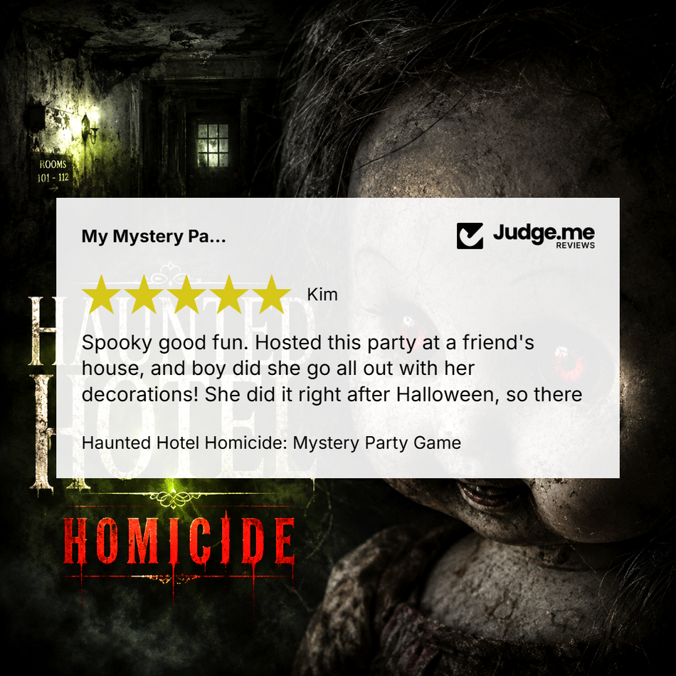 Promotional graphic for a Halloween party game titled 'Haunted House Homicide: Mystery Party Game,' featuring a large white review card with a five-star rating and customer testimonial over a dark, creepy haunted-house background with a creepy doll face.