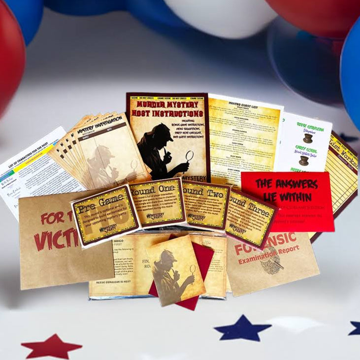 A set of mystery game cards and instruction sheets arranged in a fan shape, with red, white, and blue balloons in the background and star confetti on a white surface.