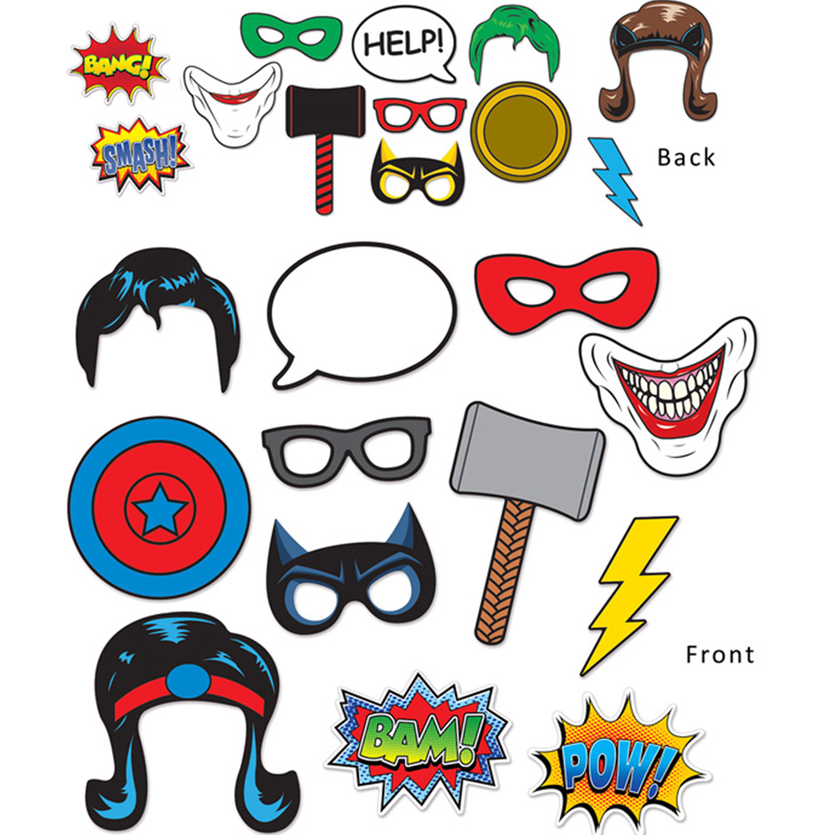 Hero photo fun props for photo booths at a mystery party.