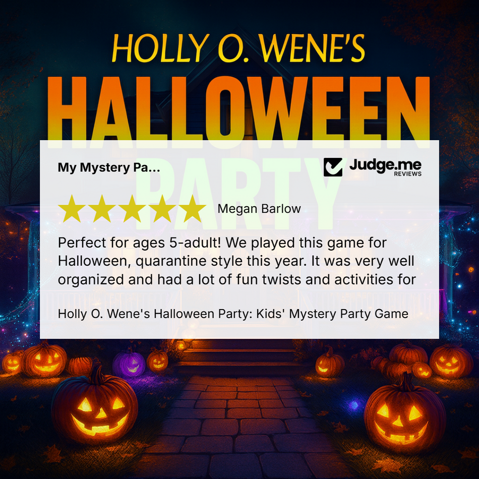 Promotional graphic for Holly O. Wene's Halloween Party game, featuring a white review card with a 4-star rating and a Judge.