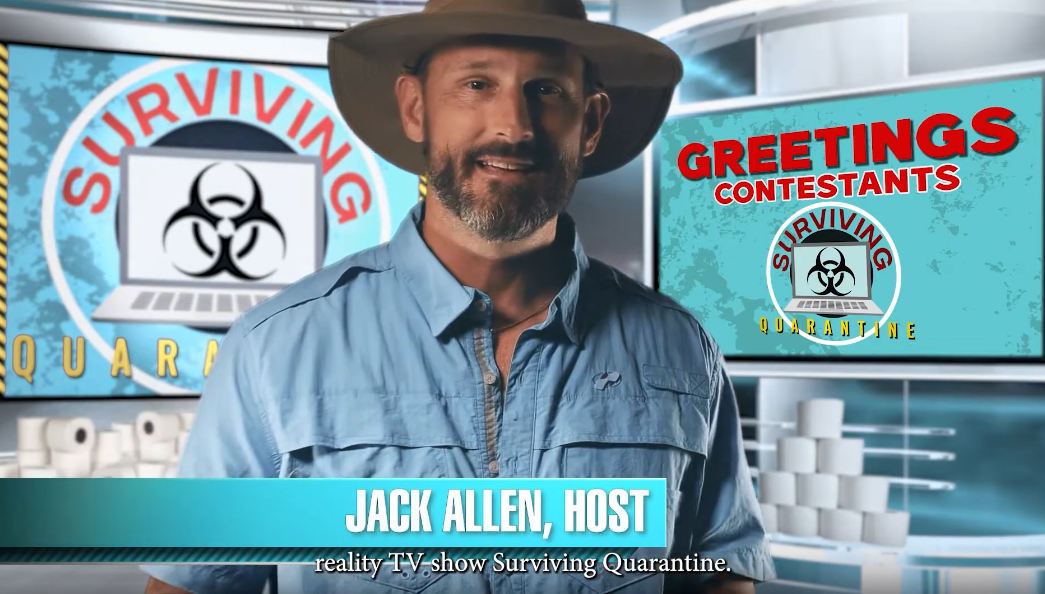 A man wearing a brown wide-brim hat and a light blue button-up shirt stands in front of a studio set with screens reading 'Surviving Quarantine' and 'Greetings Contestants.' A lower banner identifies him as Jack Allen, host of the show Surviving Quarantine.