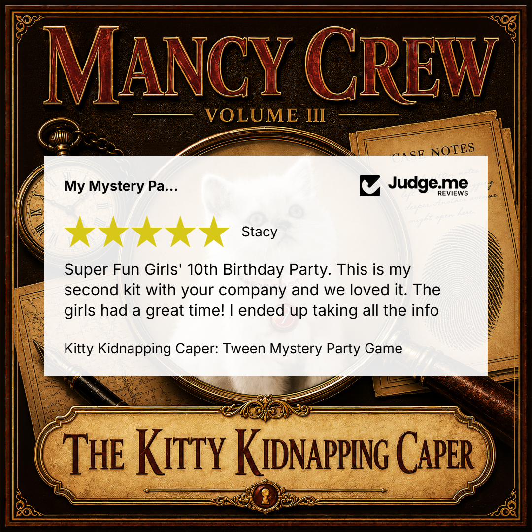 Promotional graphic for 'Mancy Crew Volume III' featuring a review card for 'Kitty Kidnapping Caper: Tween Mystery Party Game' by Judge.me.