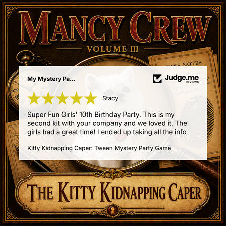 Promotional graphic for 'Mancy Crew Volume III' featuring a review card for 'Kitty Kidnapping Caper: Tween Mystery Party Game' by Judge.me.