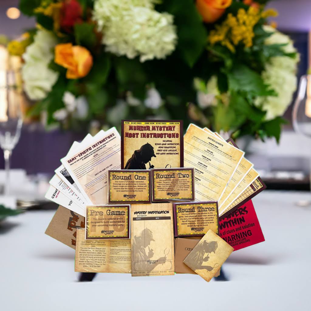 A tabletop display of vintage-style mystery game cards and instruction sheets arranged in a fan shape, with a blurred floral centerpiece in the background.