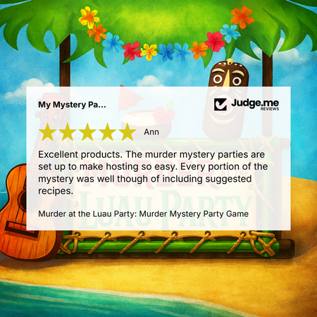 A promotional graphic for Judge.me reviews featuring a white review card with a 5-star rating and text from 'Ann' about a murder mystery party game, set against a tropical beach scene with palm trees, flowers, and a guitar.