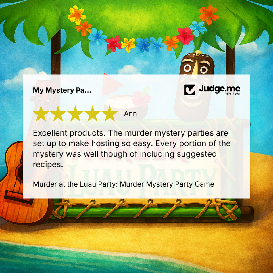 A promotional graphic for Judge.me reviews featuring a white review card with a 5-star rating and text from 'Ann' about a murder mystery party game, set against a tropical beach scene with palm trees, flowers, and a guitar.