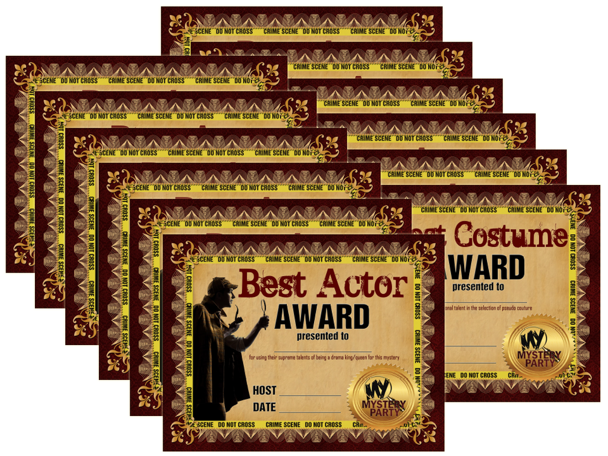 Award certificates for murder mystery parties - 12 pack
