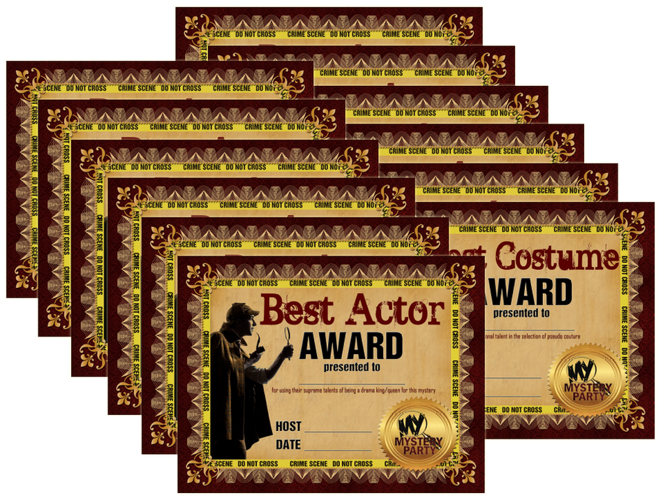 Award certificates for murder mystery parties - 12 pack