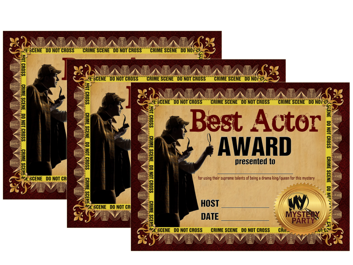 Three printed positive mystery party award certificates