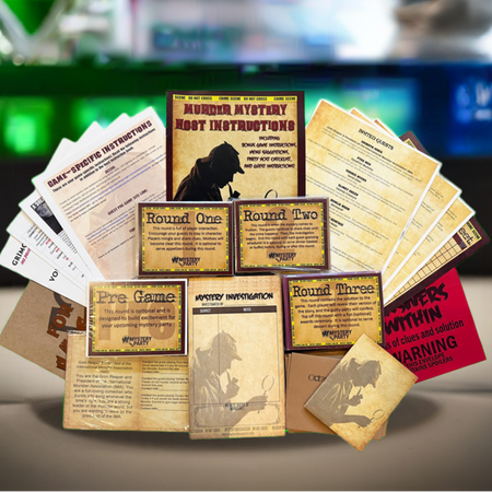 A tabletop display of a mystery game set with instruction sheets, character cards, and round tokens arranged in front of a blurred laboratory background with colorful beakers and glassware.