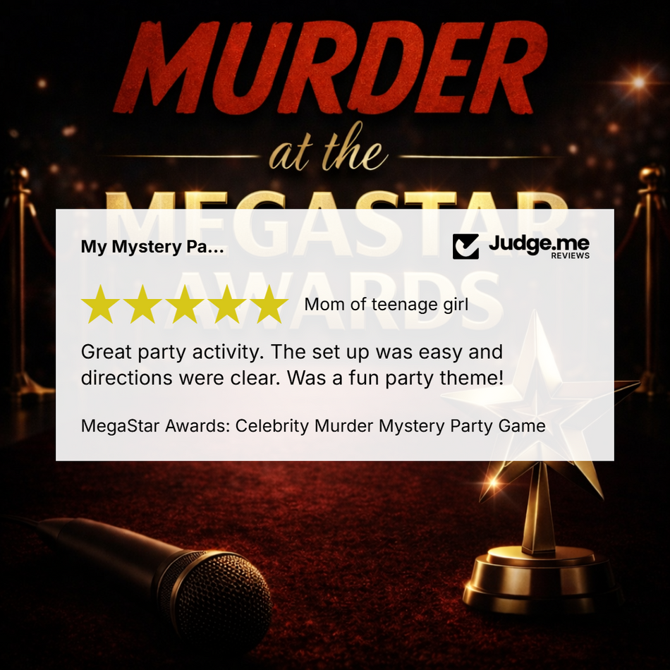 Promotional graphic for the 'MegaStar Awards: Celebrity Murder Mystery Party Game' showing a white review card with a 5-star rating and customer testimonial over a dark stage background with a microphone, trophy, and large 'MURDER at the MEGASTAR AWARD' text.