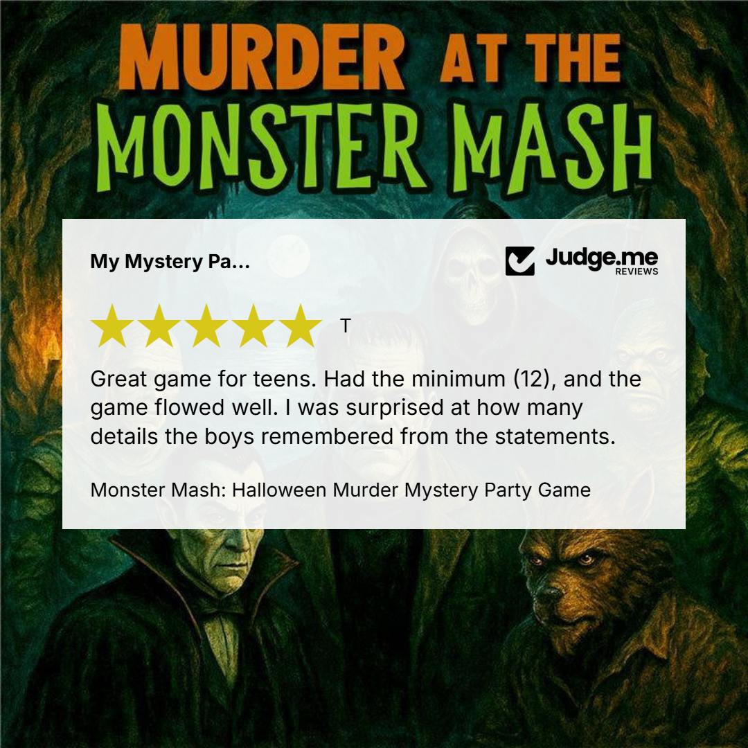 A 5-star review for Monster Mash murder mystery party game