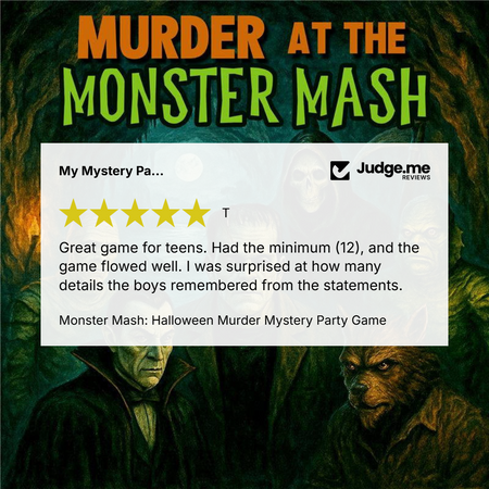 A 5-star review for Monster Mash murder mystery party game