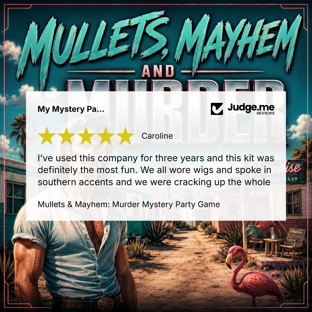Promotional graphic for the 'Mulletts, Mayhem and Murder' party game, featuring a retro western-themed illustration with a man in a denim shirt, a pink flamingo, and a Judge.me review overlay.