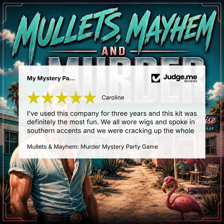 Promotional graphic for the 'Mulletts, Mayhem and Murder' party game, featuring a retro western-themed illustration with a man in a denim shirt, a pink flamingo, and a Judge.me review overlay.