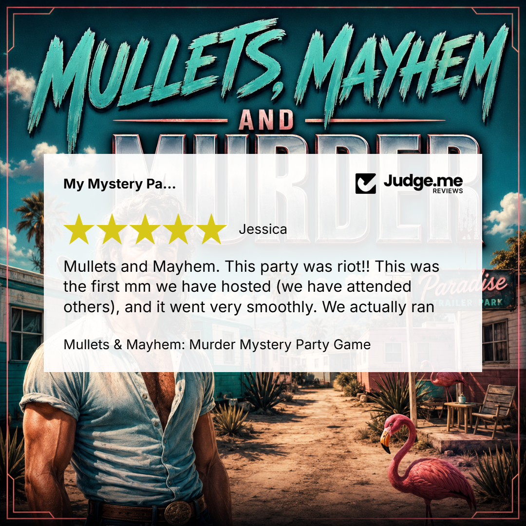 Promotional graphic for the party game 'Mullets, Mayhem and Murder' featuring a stylized cover illustration of a woman in a denim shirt and a pink flamingo, with a white review card overlay showing a customer review from Judge.me.