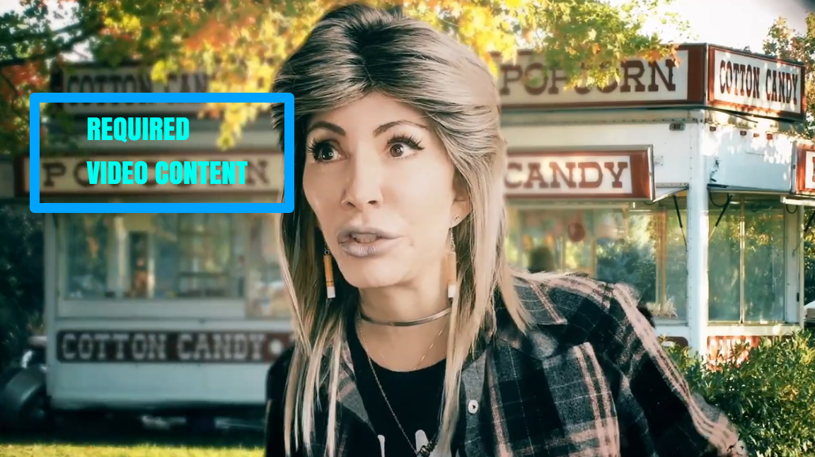 A woman with long blonde hair and a plaid shirt stands outdoors in front of a cotton candy stand, with a bright blue outlined text box on the left that reads 'REQUIRED VIDEO CONTENT'.