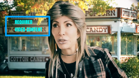 A woman with long blonde hair and a plaid shirt stands outdoors in front of a cotton candy stand, with a bright blue outlined text box on the left that reads 'REQUIRED VIDEO CONTENT'.