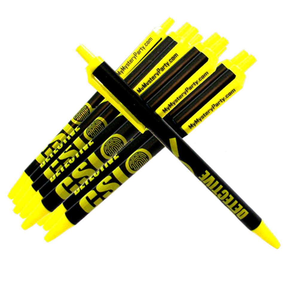 Murder mystery party investigation pens for mystery parties.