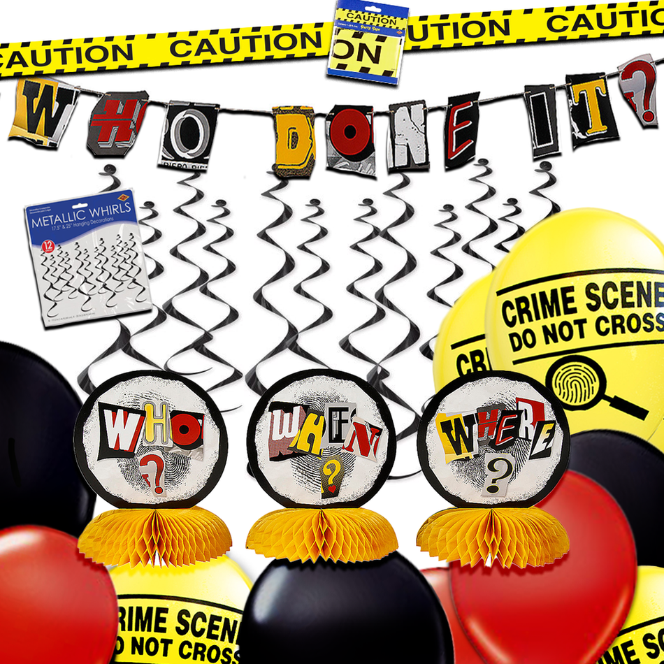 Who Done It? Mystery Party Kit – Balloons, Tape, Garland & Centerpieces