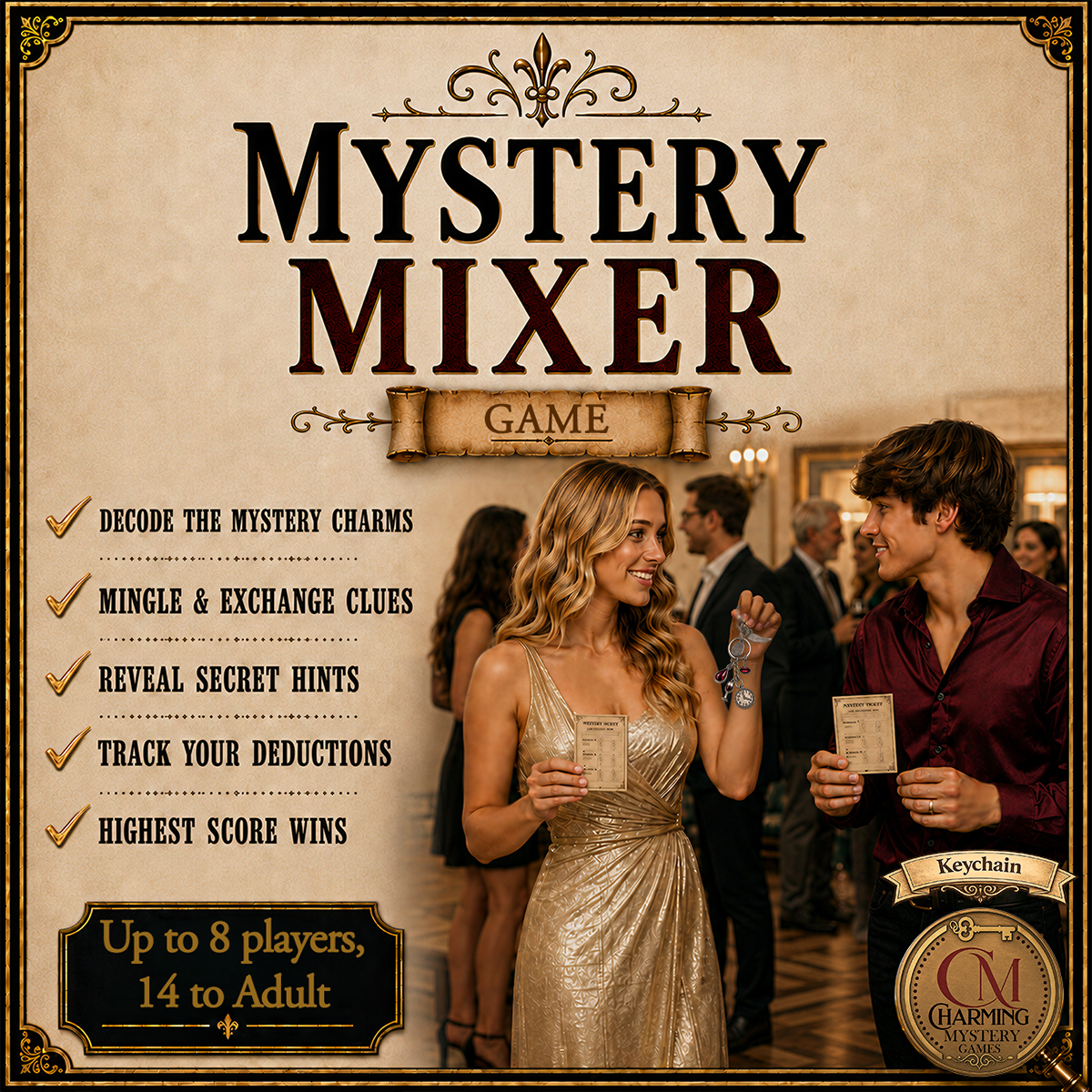 Mystery Mixer mystery party game by Charming Mystery Games. Keychain version.