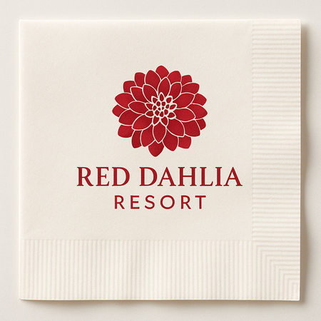 A square white paper napkin with a red dahlia flower logo and the text 'RED DAHLIA RESORT' printed on it, photographed against a light neutral background.