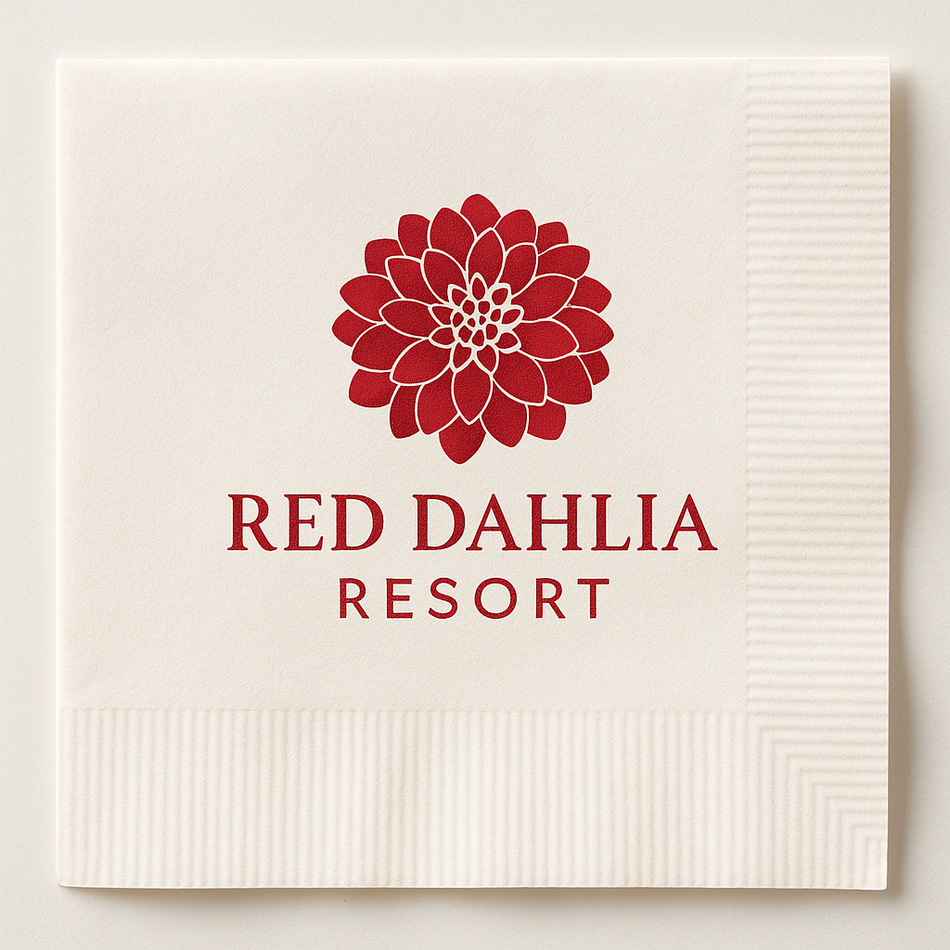 A square white paper napkin with a red dahlia flower logo and the text 'RED DAHLIA RESORT' printed on it, photographed against a light neutral background.