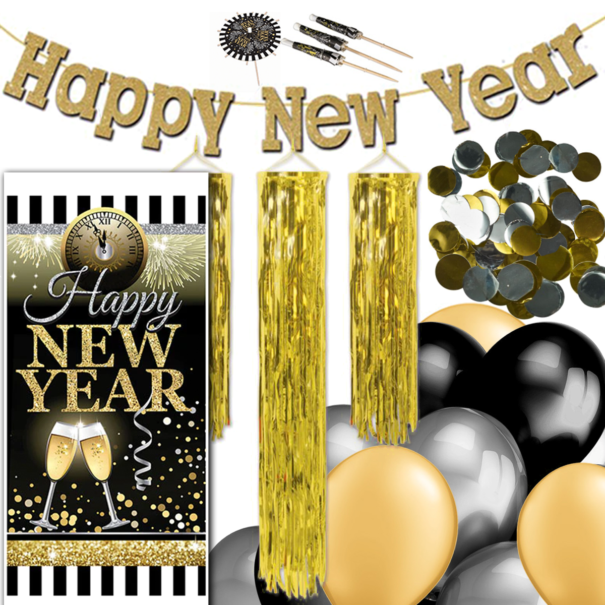 New Year\'s Eve mystery party decorations. 