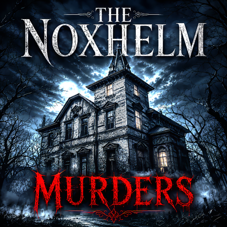 Cover art for 'The Noxhelm Murders' featuring a dark, gothic haunted house under a stormy night sky.
